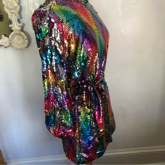 Zara girls rainbow/sliver sequence dress w/lantern sleeves & belt size 13/14 - Picture 4 of 11